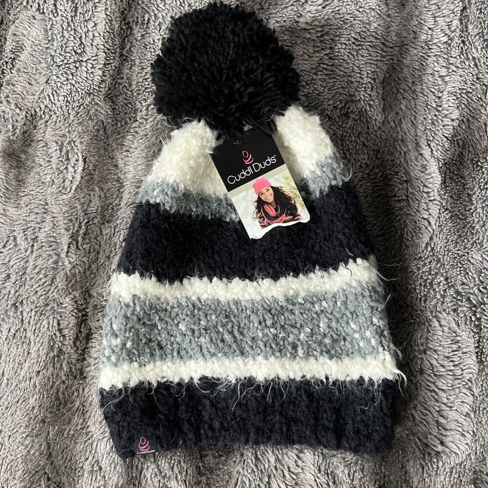 CUDDL DUDS~OS~Women's Ivory/black/grey‎ Stripe Chenille Beanie with Pom